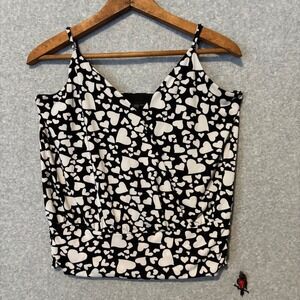 White House Black Market Women's Small Heart Print Smocked Cami Top Black Y2K